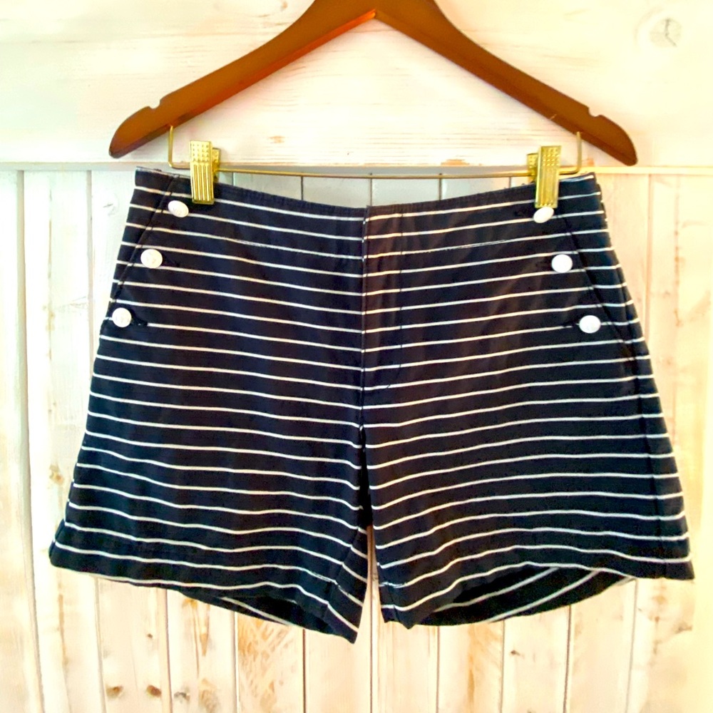 Navy blue and white striped nautical, Tommy Hilfiger shorts. Button front detail